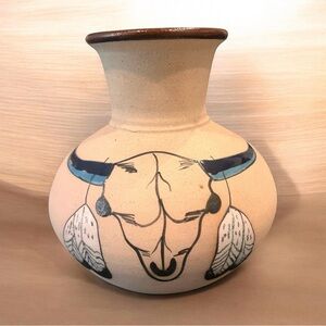 Hand-Painted Western Ceramic Vase with Blue Accents